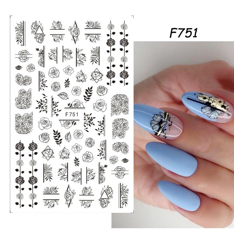 1 ark 3D självhäftande nagelklistermärken Dekaler Bokstav Blomma Löv Fjäril Våglinje Nail Art Decoraton