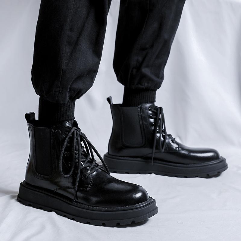 Men's Casual Platform Boots Black Tide Genuine Leather Shoes Business Office Dress Cowboy Ankle Boot Spring Autumn Botas Hombre