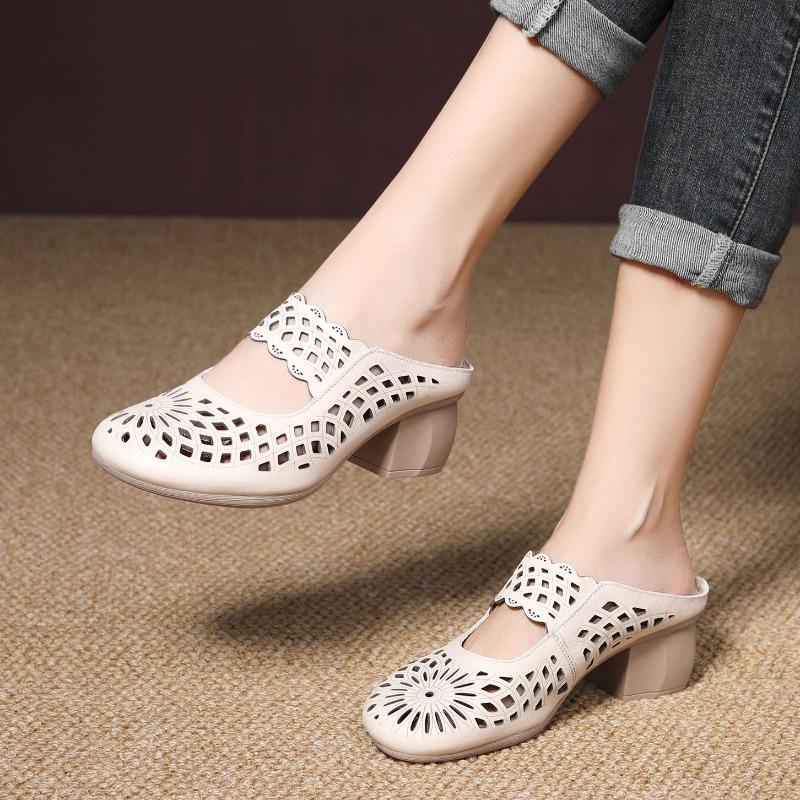 

New summer retro bag head hollow thick heel sandals first layer cowhide breathable one-word slippers women 35