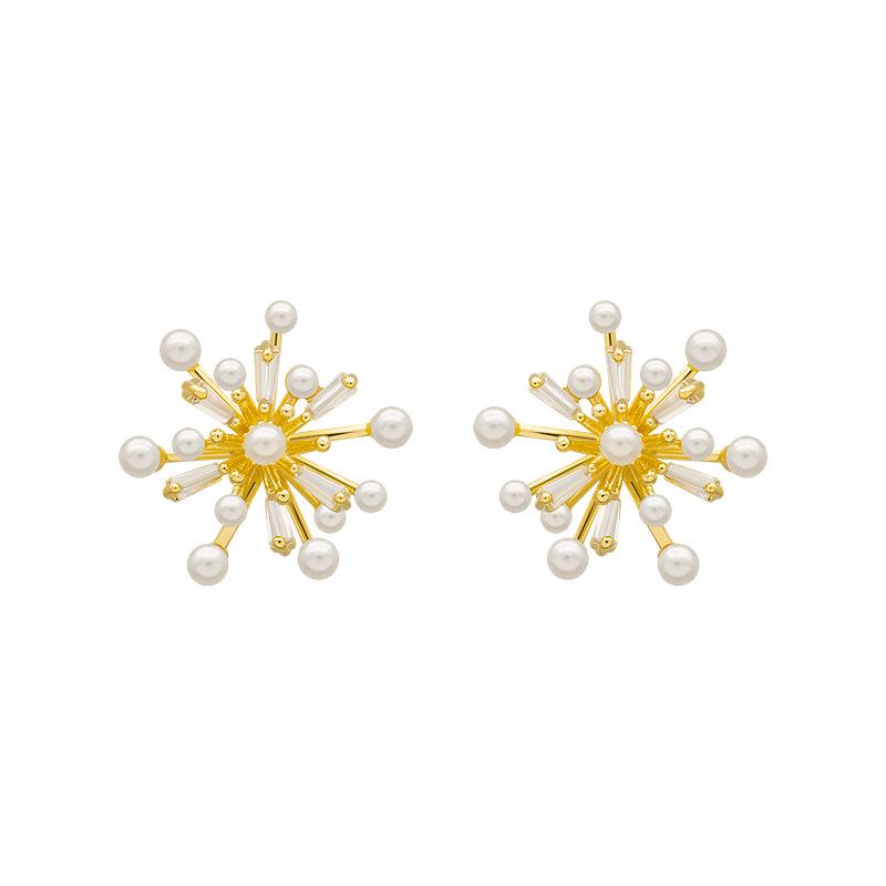 Copper-Plated Gold French Firework Geometric Earrings with Micro-Paved Zircon and 925 Silver Needle