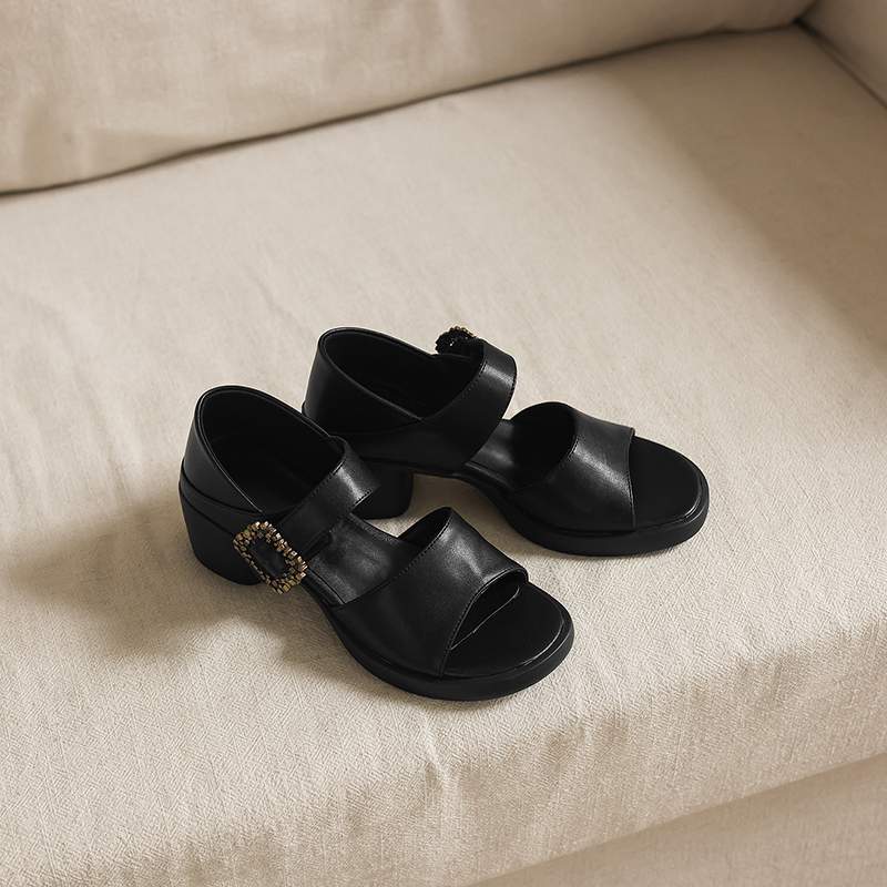 Krazing Pot Microfiber Fashion Thick Med Heels Peep Toe Shoes Metal Buckle Summer Size 43 Size 42 Platform Women Sandals