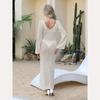 Sexy Women Long Knit Sleeve Bikin Fashion Cover Up Female See-Through Deep V-Neck Hollow-Out Beach Knitwear Backless Dress