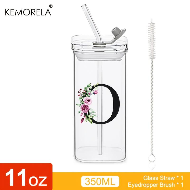 1 STÜCK 24 Buchstabenförmige Glastrinkbecher mit Deckel und Strohhalm Kaffeebecher 300ML Klarer quadratischer Trinkbecher für Kaffee Bier Milch