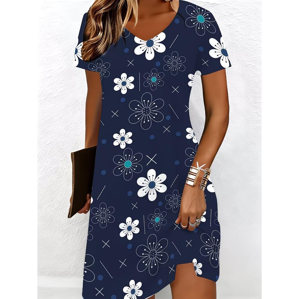 Summer Women's V-neck Short-sleeved Dress Elegant Floral Print Loose Casual Dress