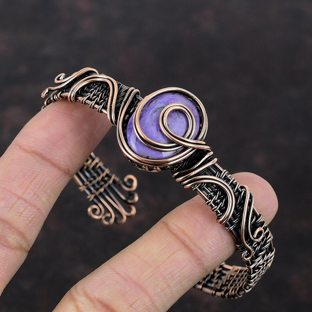 Charoite Cuff Bracelet Gemstone Bangle Copper Wire Wrapped Bracelet Handmade Jewelry Adjustable Bangle Copper Jewelry For Gift Designer Cuff