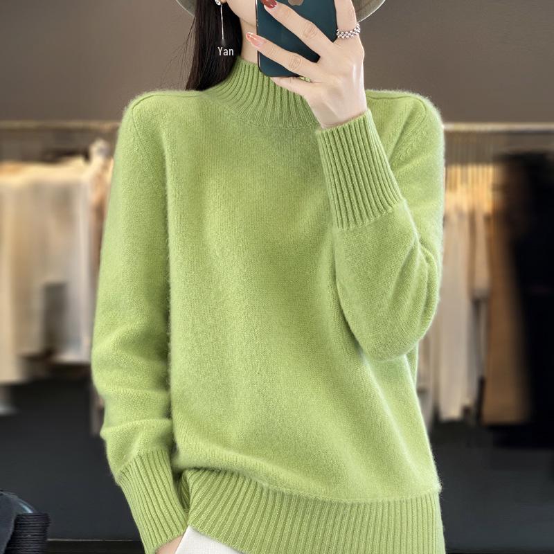 Women's Pure Wool Loose Knit Pullover - Long Sleeve, Half-High Collar, Solid Color Sweater Top