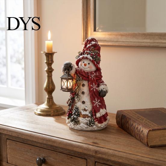 Christmas Ornament Gifts Snowman Figurine, Resin Tabletop Decoration with Hat Scarf Pine Scene Accessories Branches, Holiday Winter Decor for