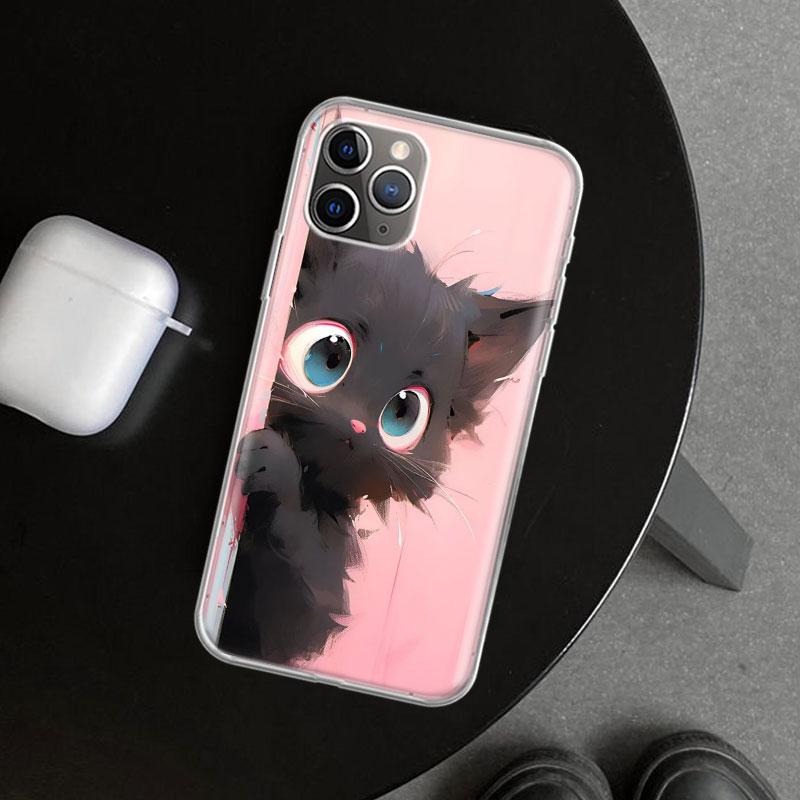 Anime Cute Black Cat Meow Phone Case Cover for iPhone 11 12 13 Mini 14 15 Plus 16 Pro Max 17 Air 7 8 + SE Art Customized Fundas