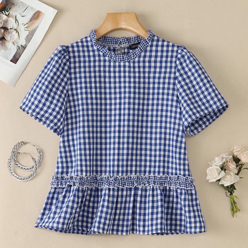 ZANZEA Women Casual Round Neck Plaid Print Loose Short Sleeve Blouse
