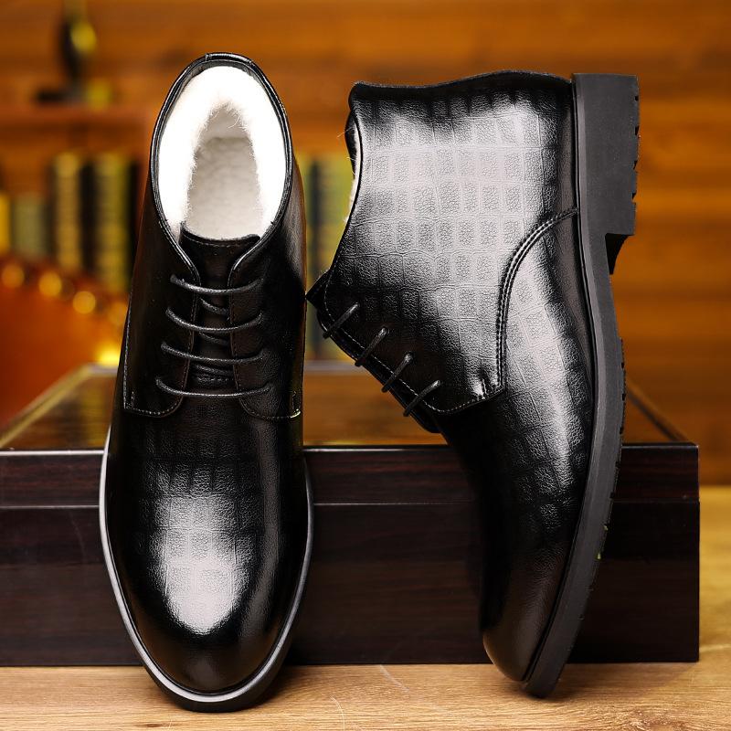 Men's British style 2024 winter business dress velvet high-top men's leather boots middle-aged and elderly warm shoes