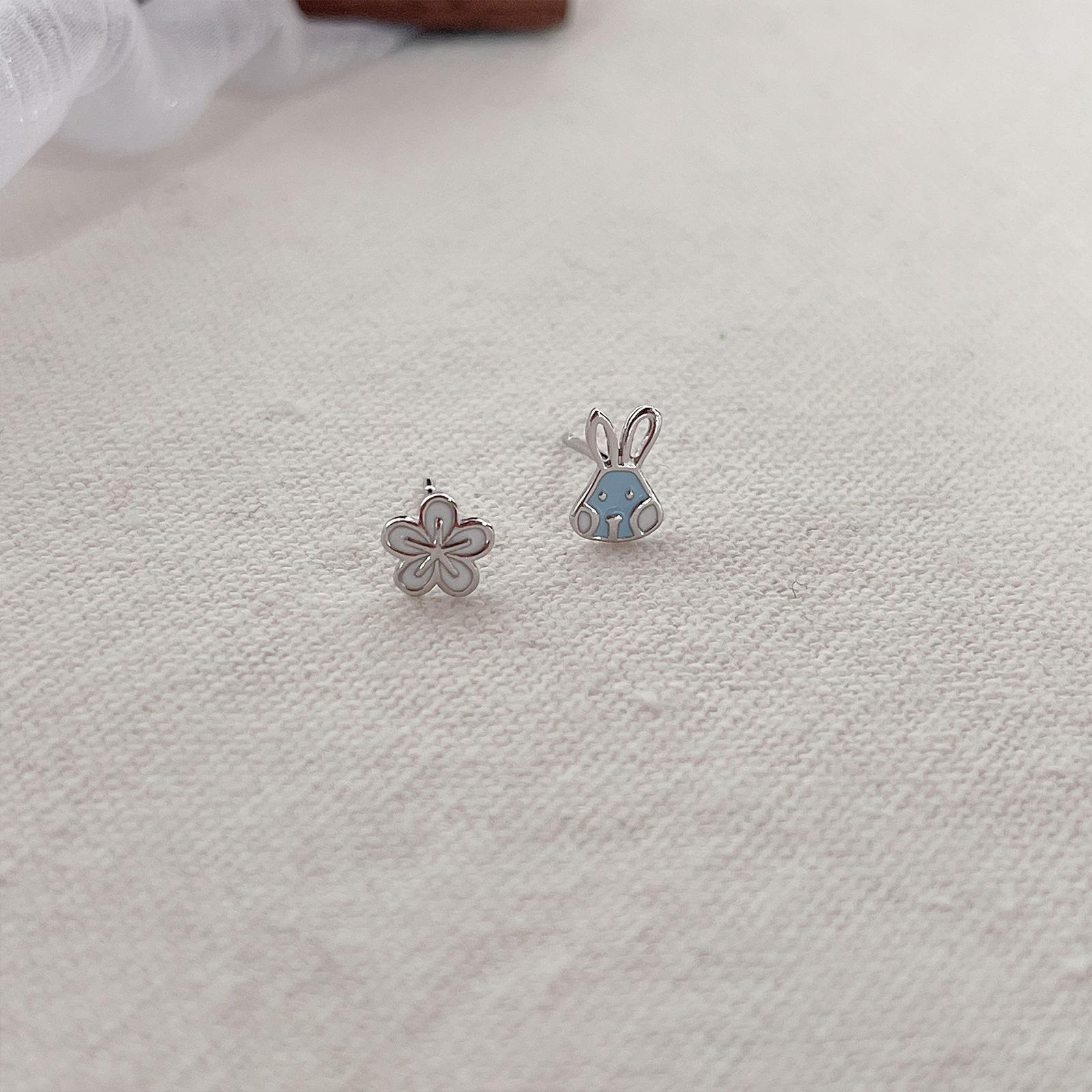 Rabbit & Flower S925 Sterling Silver Asymmetrical Stud Earrings for Women – Cute, Small, Niche Design 925 Silver