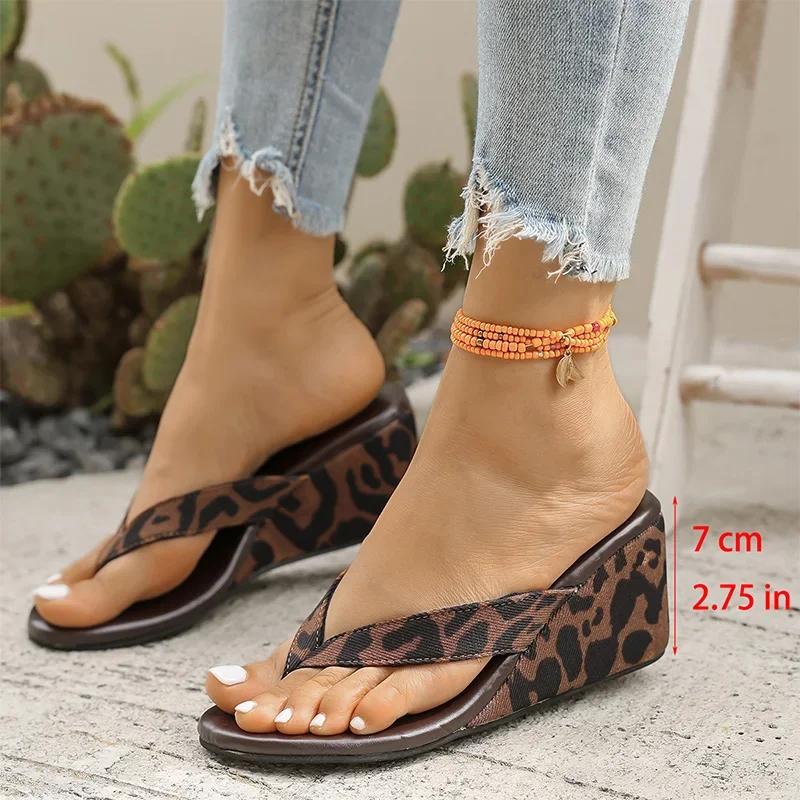 Fashion Leopard Wedges Sandals for Women 2025 Summer Lightweight High Heeled Flip Flops Mujer Woman's Comfort Non Slip Slippers Women
