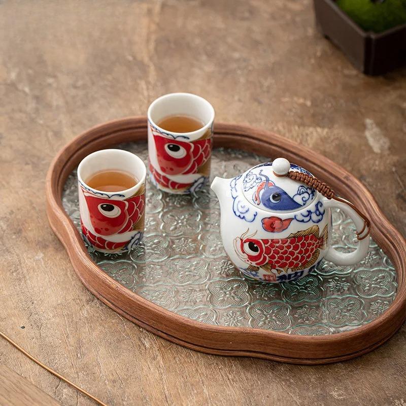 190ml Creative Auspicious Fish Pattern Teapot Small Dragon Egg Pot Tea Set Kit Boutique 1 Pot 2 Cups Tea Maker Organizer Craft