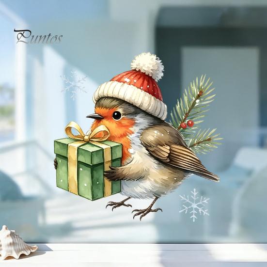 Easy Install Window Clings Christmas Bird Static Clings, PVC Waterproof Decals with Santa Hat And Glass Film Gift Box, Removable Stickers for Holiday