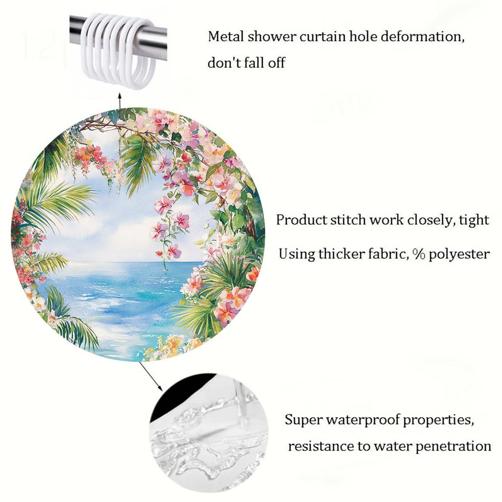 1pc Spring Fantasy Ocean Shower Curtain - Bright Flowers and Tropical Scenes, Polyester, Bathroom Decor, Floral Shower Curtain
