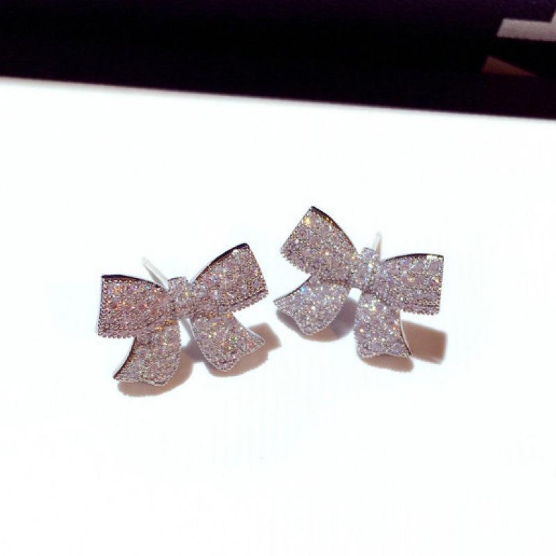 Korean Fashion Zirconia Bow Earrings for Women: Exquisite Silver Dangle Studs, Perfect for a Stylish Look and Internet Celebrity Appeal