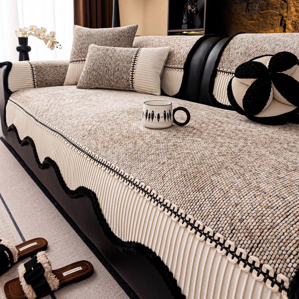 Four Season Universal Chenille Sofa Cover Light Luxury Retro Fixed Anti Slip Straight Row Sofa Cushion Cover Machine Washable