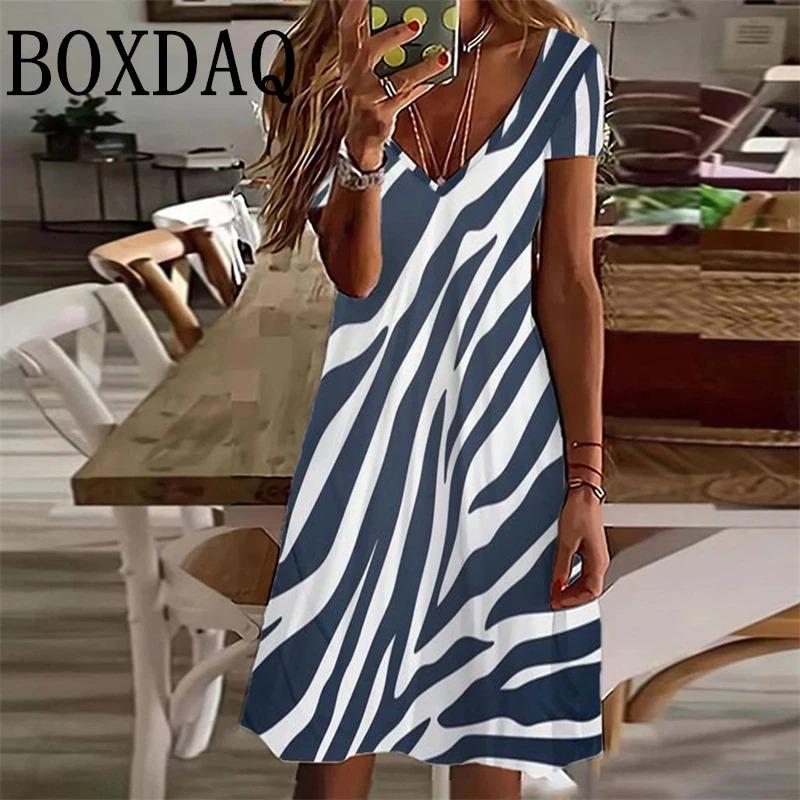 Women's Sundress Midi Dress Short Sleeve Floral Print Summer Casual V Neck Loose Dresses Plus Size 2024 Female Clothing Vestidos
