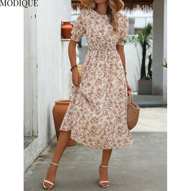 

MODIQUE 2025 Лето Новое женское элегантное платье с цветочным принтом, пышными рукавами и эластичной талией, длинное платье, женское повседневное платье А-силуэта с круглым вырезом XXL серый