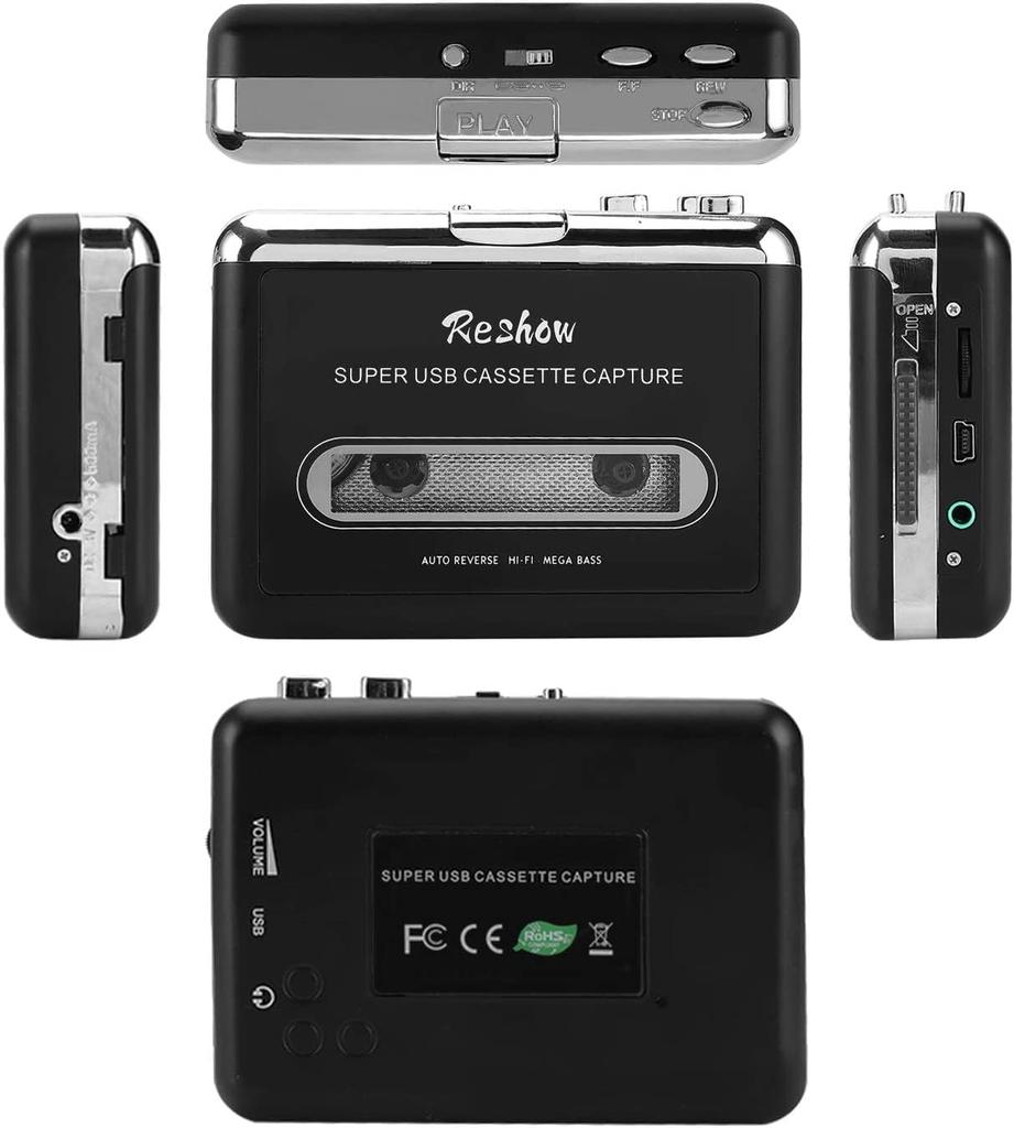 Reshow Portable Cassette Tape To Digital Converts Cassette Recorder To iPod Compatible with Laptops and Includes Earphones Black Player, Converter,