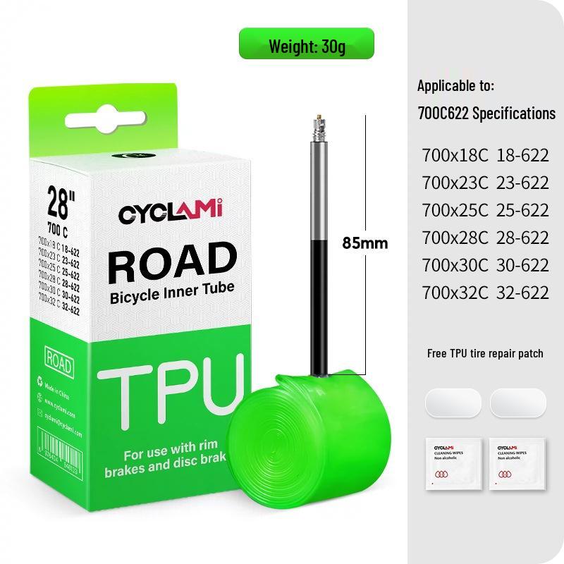 CYCLAMI Ultralight TPU Inner Tube with Free Tire Patches and Levers - 30g, Presta Valve, Puncture Proof Road Bike Tire.