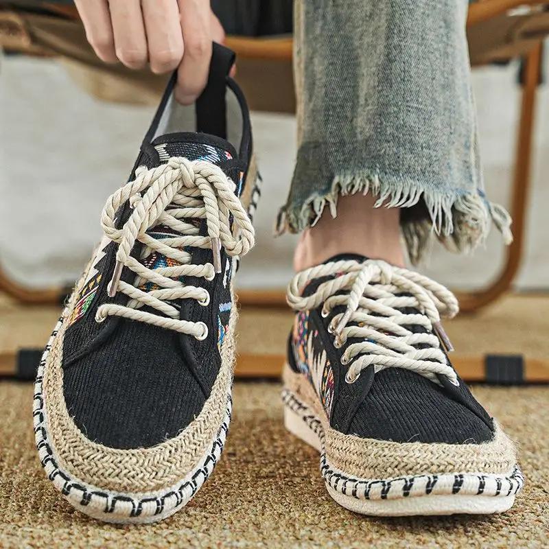 Fashion Black Printing Retro Style Sneakers Flat Espadrilles Men's Casual Shoes Comfortable Breathable Elegant Without Leather Male Shoe