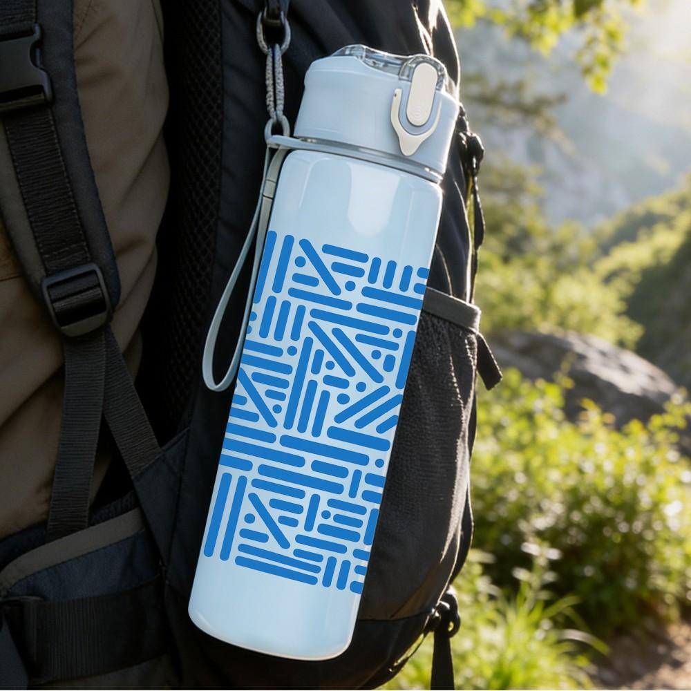 1PC Blue Geometric Line Maze Pattern 750ml Color Plastic Sports Water Bottle Leakproof Flip Straw Lid Suitable for Sports Office Home Use