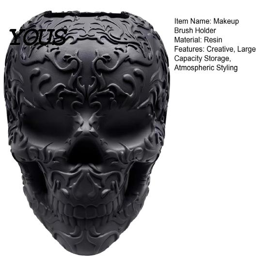 Vintage Vine Embossed Crafts Halloween Skull Makeup Brush Holder, Matte Black Gothic Skeleton Pen Organizer Resin Cup for Desk, Storage Figurine