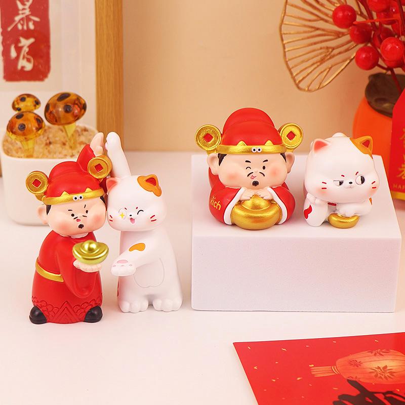 Fortune-Attracting Lucky Cat and God of Wealth Ornaments for Festive Home Décor
