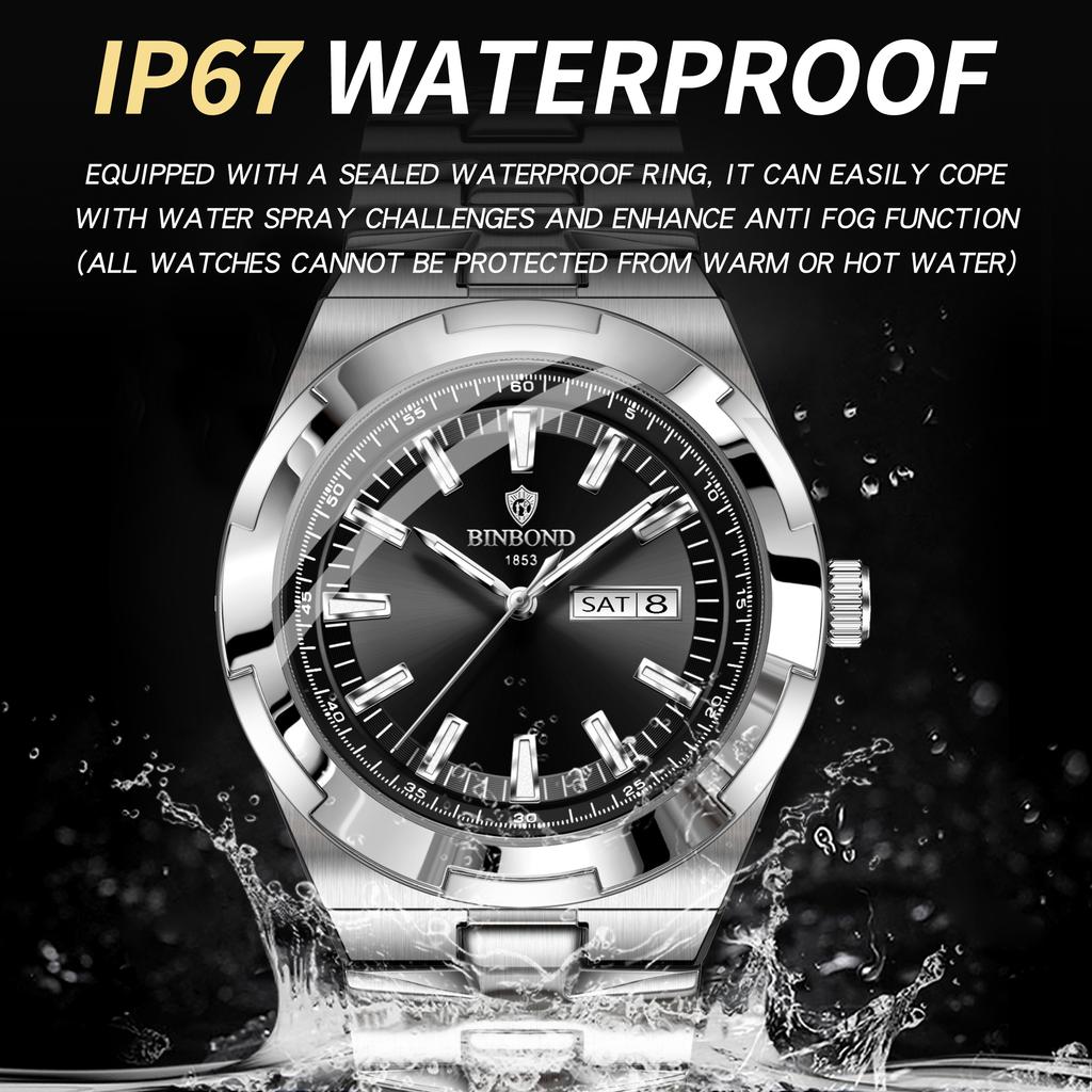 BINBOND Sturdy Waterproof Quartz Watch For Men Luxury Auto Date Week Display Luminous Precise Men's Watches Orginal Reloj