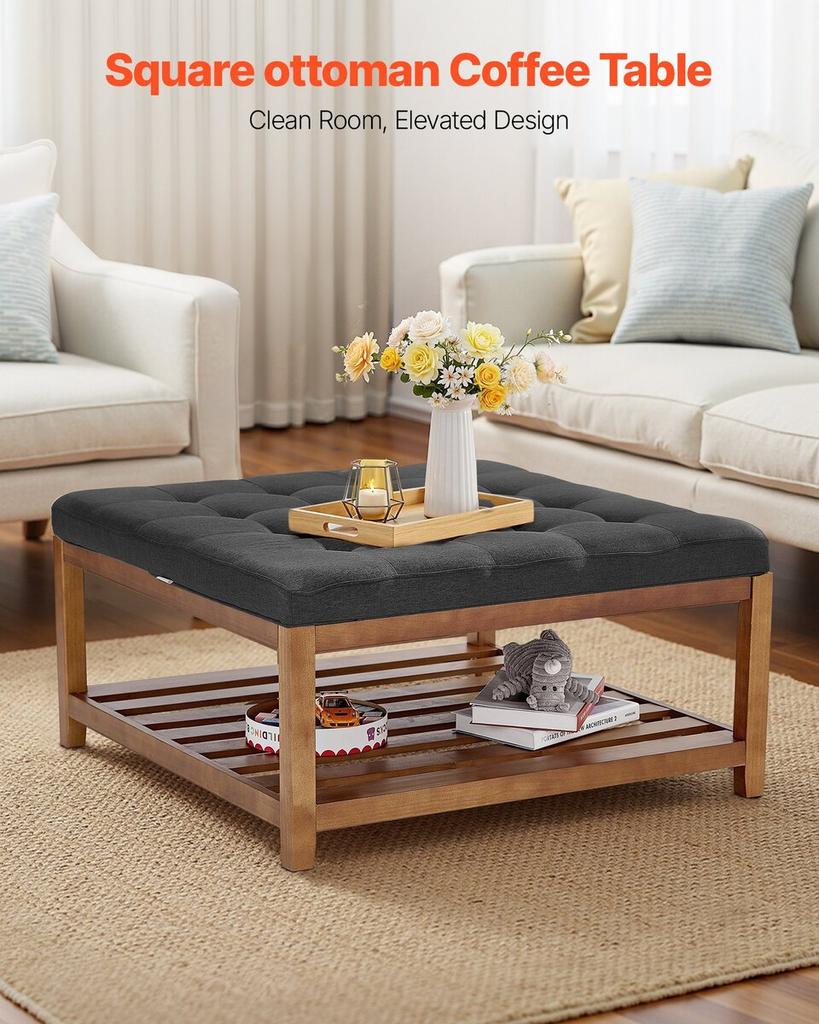 Large Square Ottoman Coffee Table, 34.5 Inch Tufted Coffee Table with Solid Wood Shelf Storage, Linen Solid Upholstered Footrest Ottoman for Bedroom