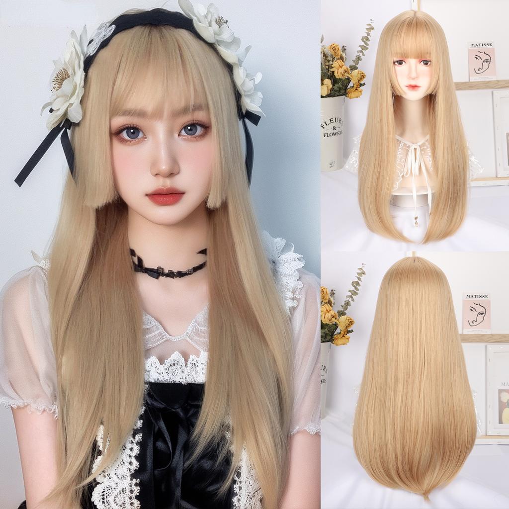 Gold Long Straight Wig Princess Bangs 26 Inch Fiber Synthetic Heat-resistant Sweet And Natural Party or Selfie For Women Korean Fashion