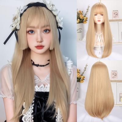 Gold Long Straight Wig Princess Bangs 26 Inch  Fiber Synthetic Heat-resistant Sweet And Natural Party or Selfie For Women Korean Fashion