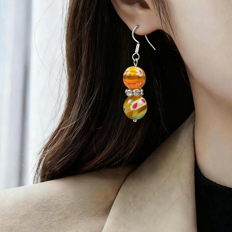 

Unique Rainbow Striped Glass Bead Dangle Earrings золотой