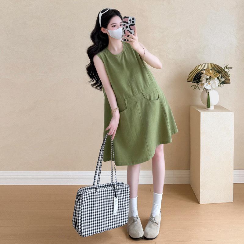 Maternity Mori Style Linen Sleeveless Dress – Loose Fit for Petite Pregnant Women