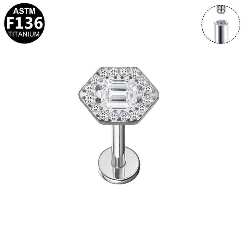 Titanium G23 Alloy Rhombus Zirconia Pierced Earring with Internal Thread