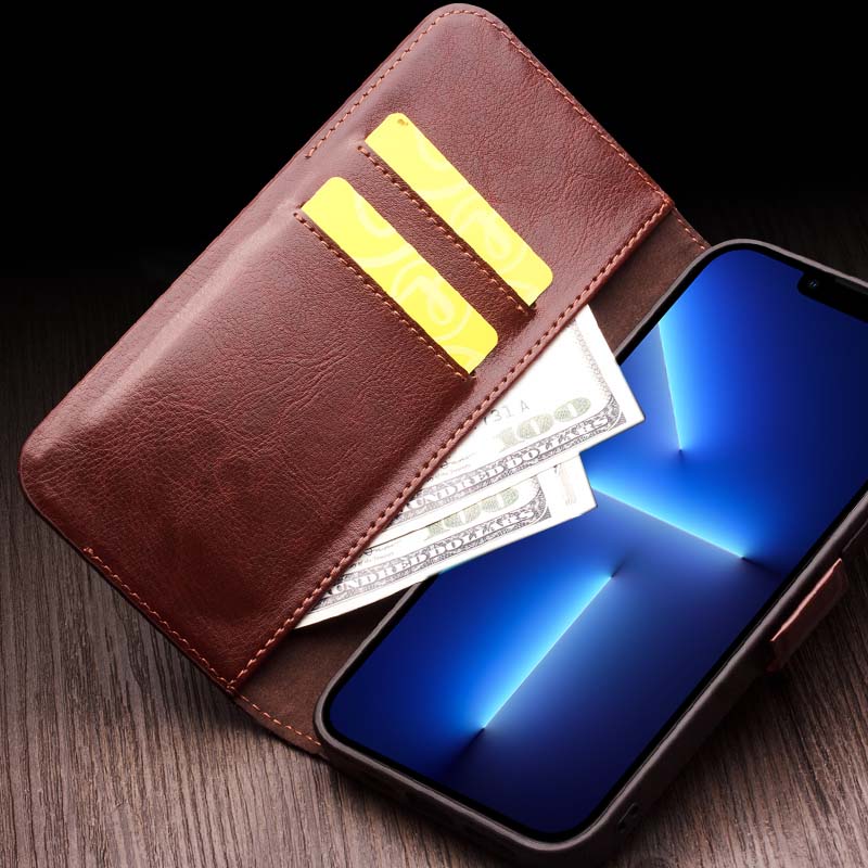 

QIALINO For iPhone 13 Pro 6.1 inch Wallet Phone Case Genuine Cow Leather Stand Magnetic Cover Black