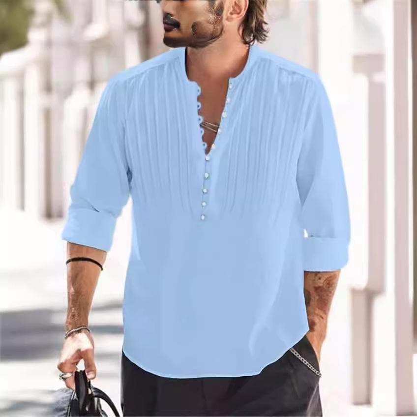 Men's Spring Summer Solid Top Fashion Casual Multi-Button Long Sleeve Shirt