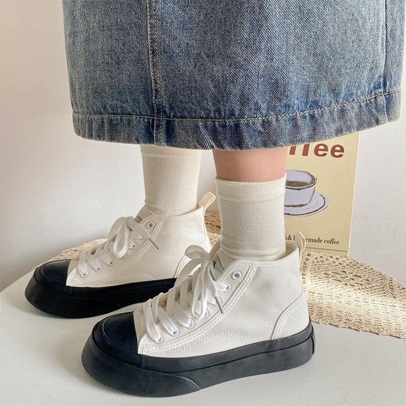 Vysoké plátěné boty pro ženy, retro hongkongské boty se silnou podrážkou, zvýšené boty, korejská verze pro volný čas