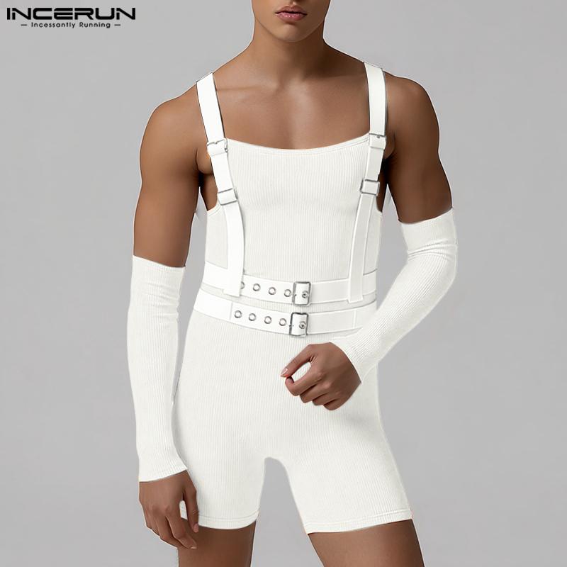 INCERUN Men Patchwork Strap Sleeveless Bandage Tanks Jumpsuits Bodysuits Underwear with Oversleeve
