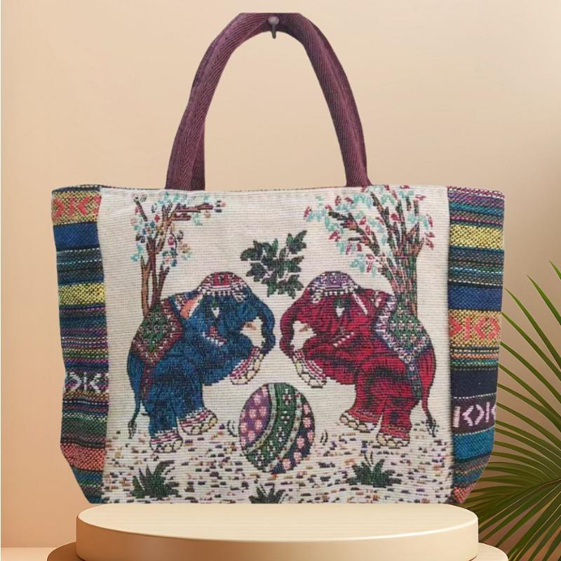 Canvas bag, women's large-capacity double-sided embroidered animal handbag, mommy bag, go shopping, handbag
