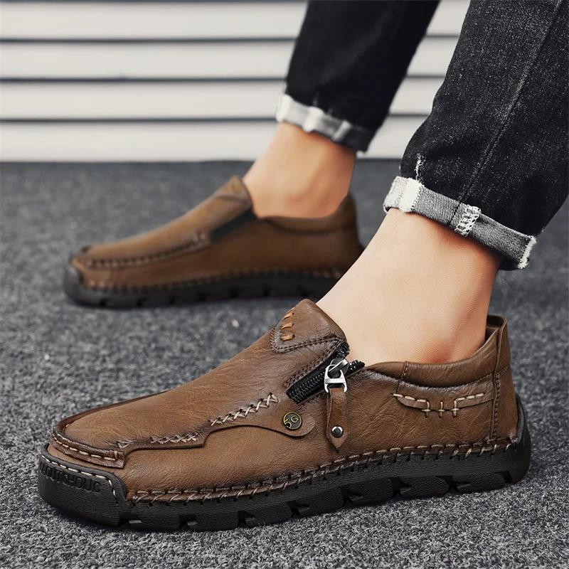 Fashion Men Shoes Hiking Treking Footwear Male Hand-stitching Breathable Leather Loafers Comfty Casual Slip-ons Loafer Man Walking Shoes