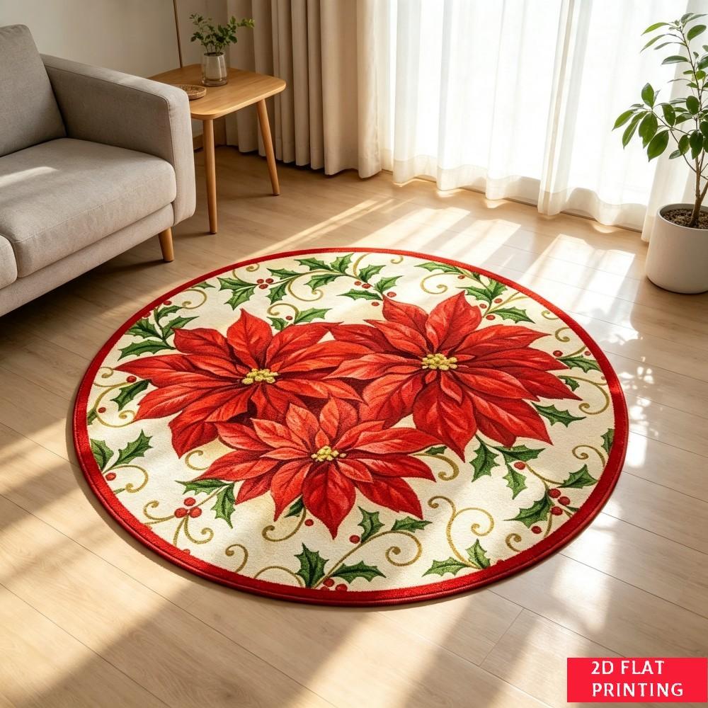 Christmas Poinsettia Round Area Rug, Red White Flower Berry Leaf Printed Circle Carpet, Non-Slip Floor Mat For Holiday Home