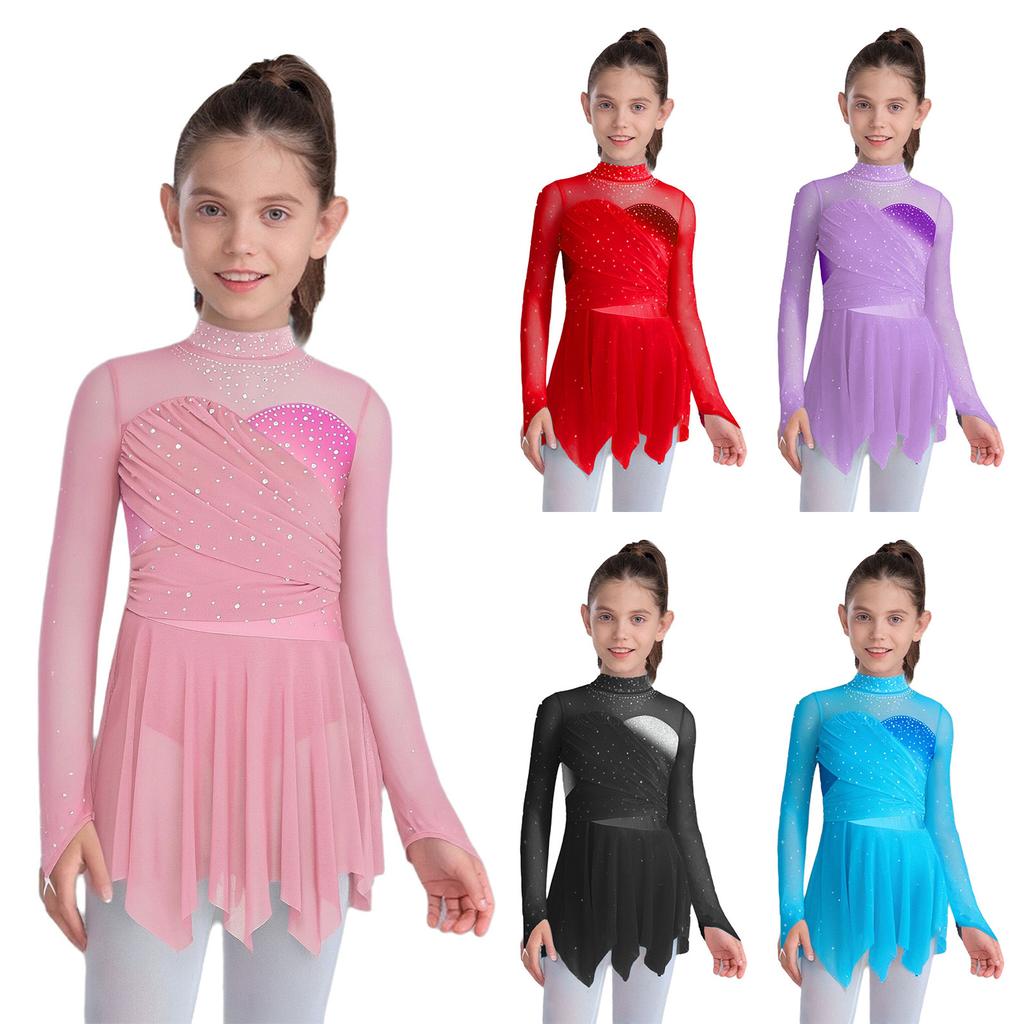 Elegant Lyrical Dance Costume for Girls: Long Sleeve Mock Neck Dress with Sparkle, Ruched Detail & Flowy Irregular Hem