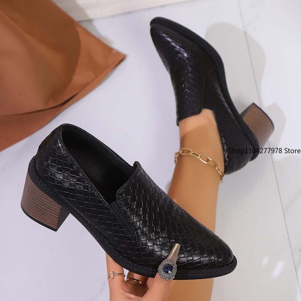 Fashion High-heeled Shoes Women's 2025 All-match Thick-heeled Pointed Leather Shoe Mid-heeled Professional Espadrille Women's Loafers