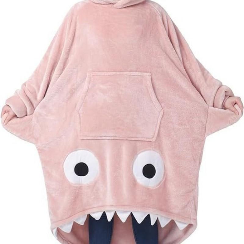 D77 Winter Flannel Hoodie Blanket Cute Eye Shark Cartoon Couples