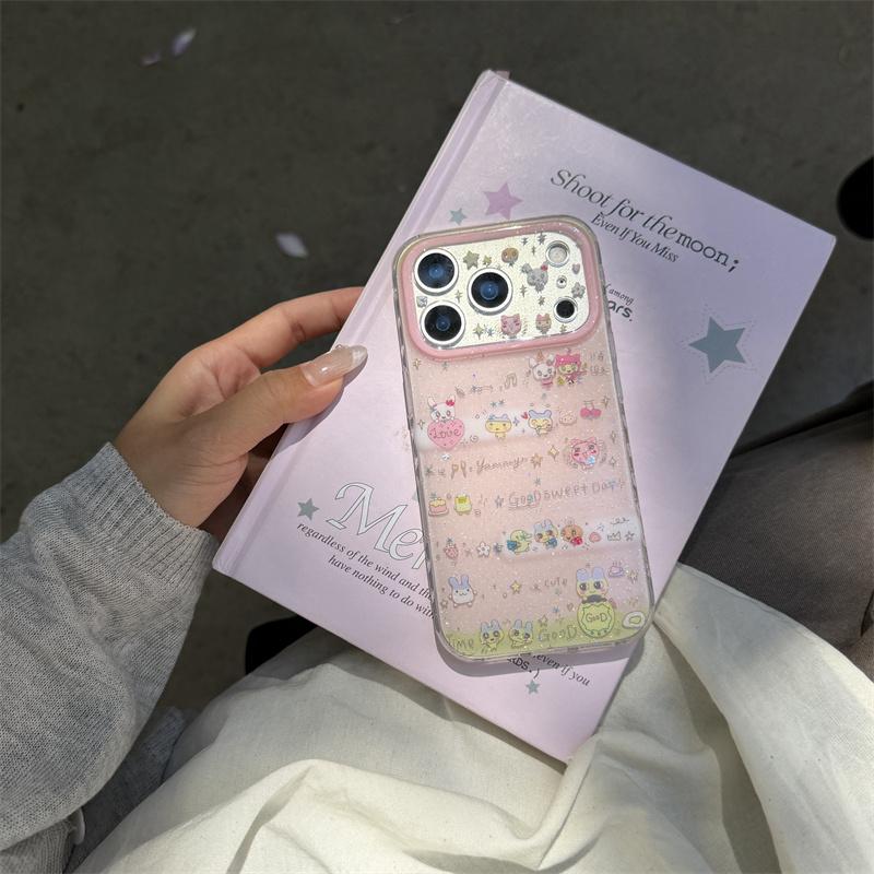 Cute Pink Cartoon Animals Glitter Phone Case For iPhone 17 16 15 14 Pro Max Kawaii Bunny Charm Wrist Strap Protective Cover for