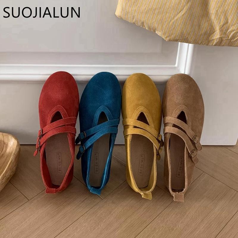 Fashion SUOJIALUN 2025 New Brand Women Flat Shoes Fashion Red Round Toe Ladies Mary Jane Shoes Flat Heel Genuine Leather Single Shoes