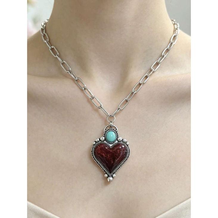 American Western Style Heart-Shaped Alloy Necklace, Vintage Distressed Artificial Turquoise & Burgundy Heart Pendant Choker
