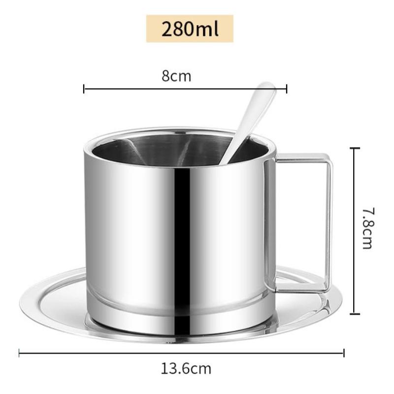 Ensemble Tasse à Café & Thé à Double Paroi en Acier Inoxydable 304 avec Cuillère